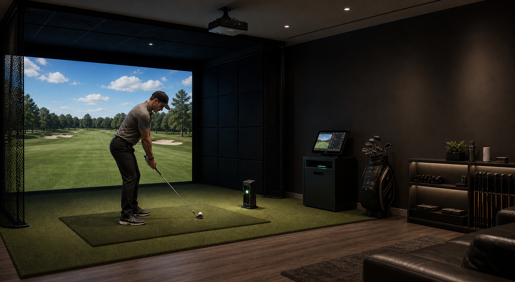 Complete indoor golf simulator package setup with golfer ready to swing
